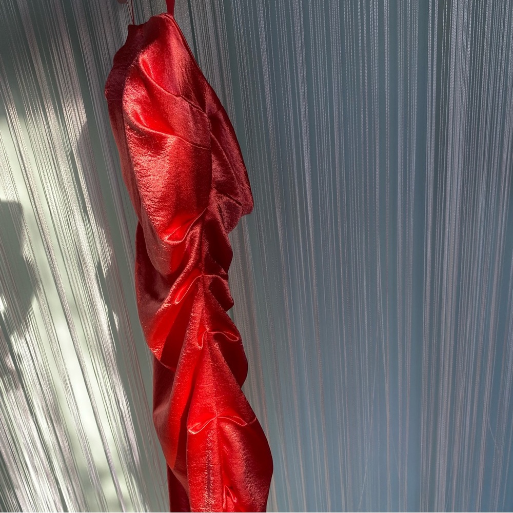 Coral Satin Ruched Strapless Dress - Picture 14 of 17